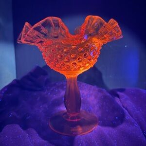6” Fenton Amber Glass Pineapple Hobnail Ruffled Candy Dish